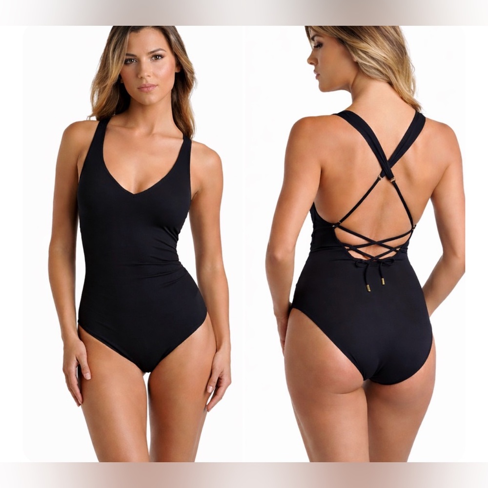 LA Blanca Women's Black V-neck Tie Back Cheeky One Piece Goddess Swimsuit Size 4